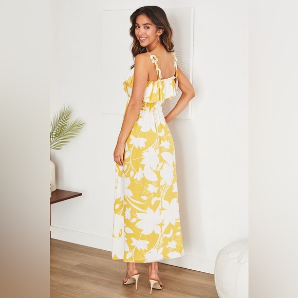 (20590-FLO-YELL) FLORAL PRINT RUFFLE V NECK MAXI DRESS - Picture 3 of 3